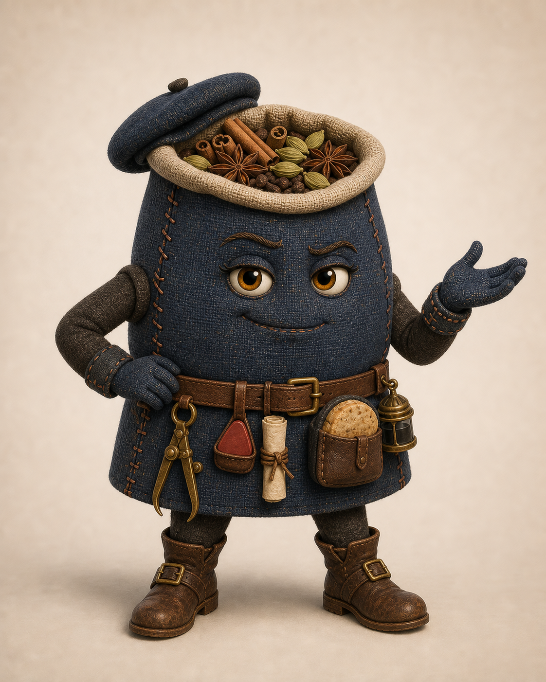 Canon character reference of Adara, a navy spice satchel filled with aromatic spices and equipped for travel.