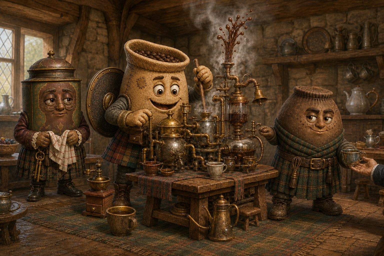 Development-direction scene reference showing Grogg, Mabel and Theo operating an elaborate brass breakfast machine. Not a canonical event or exact model sheet.
