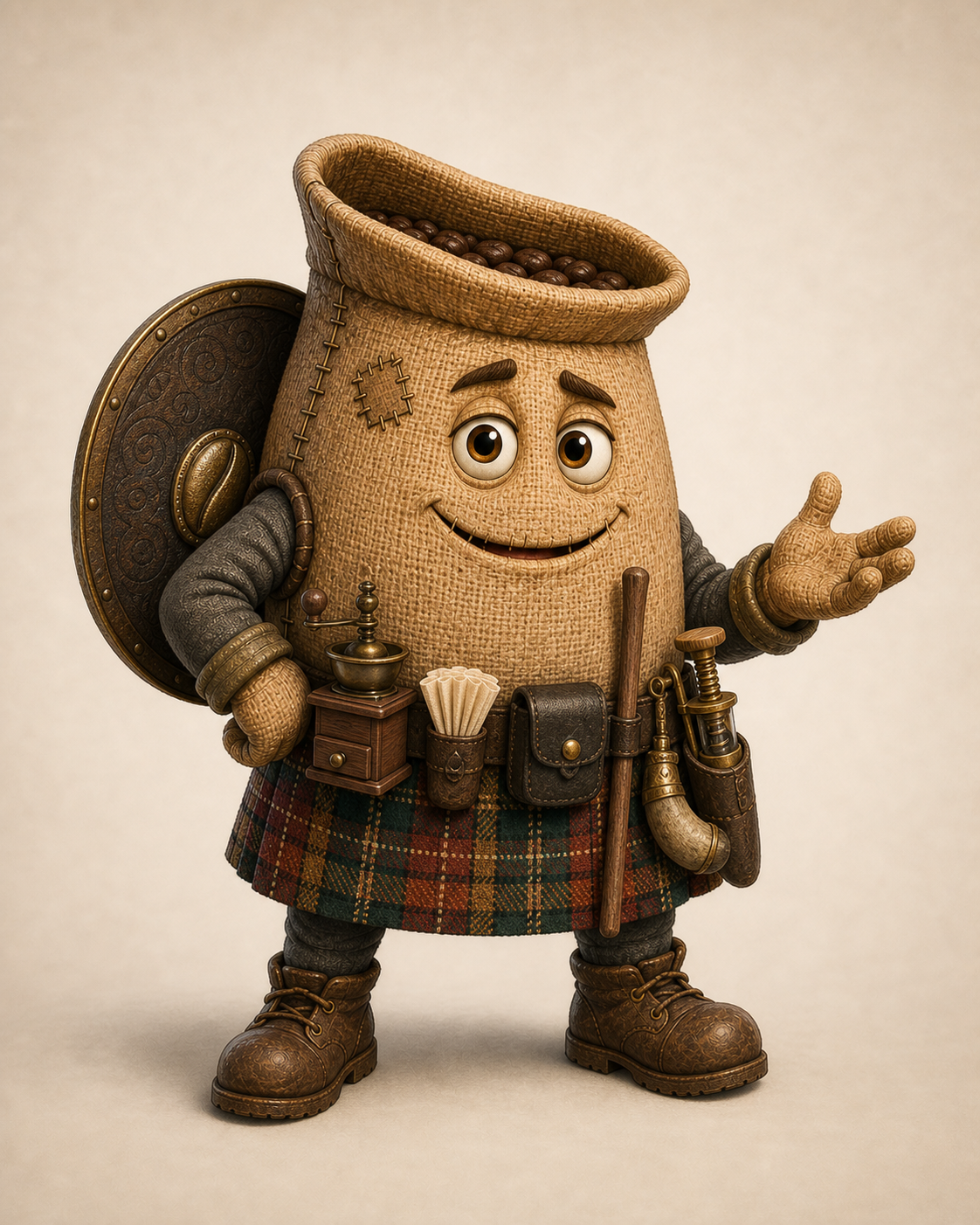 Canon character reference of Grogg, an expressive Highland coffee bag wearing a tartan kilt and carrying coffee-making tools.