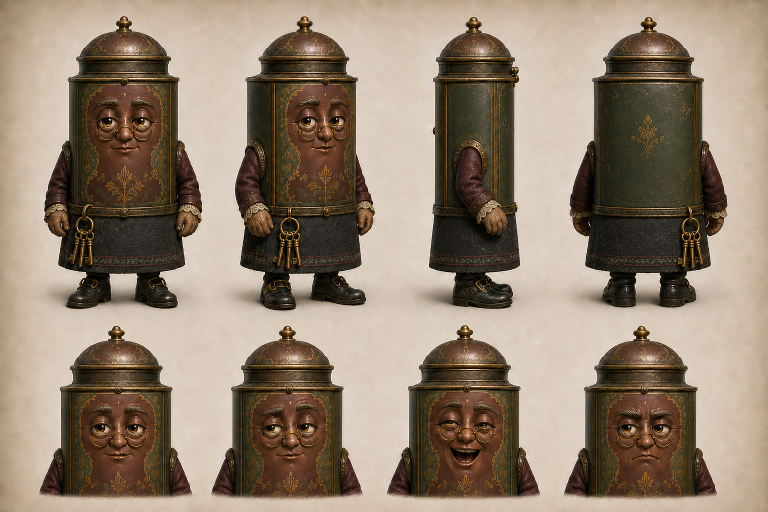Canon model sheet showing multiple views and expressions of Mabel the Tea Caddy.