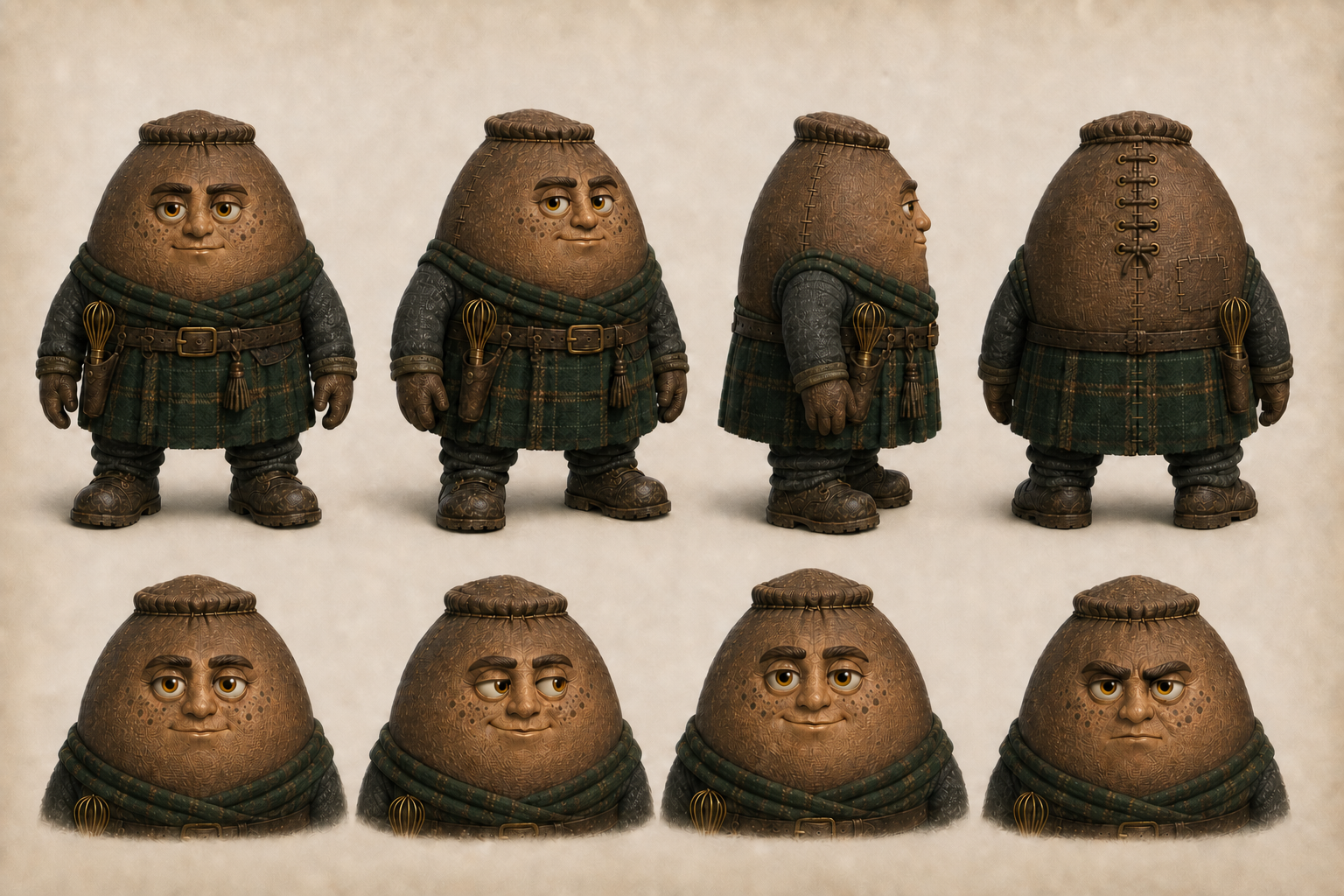 Canon model sheet showing multiple views and expressions of Theo the Cocoa Sack.