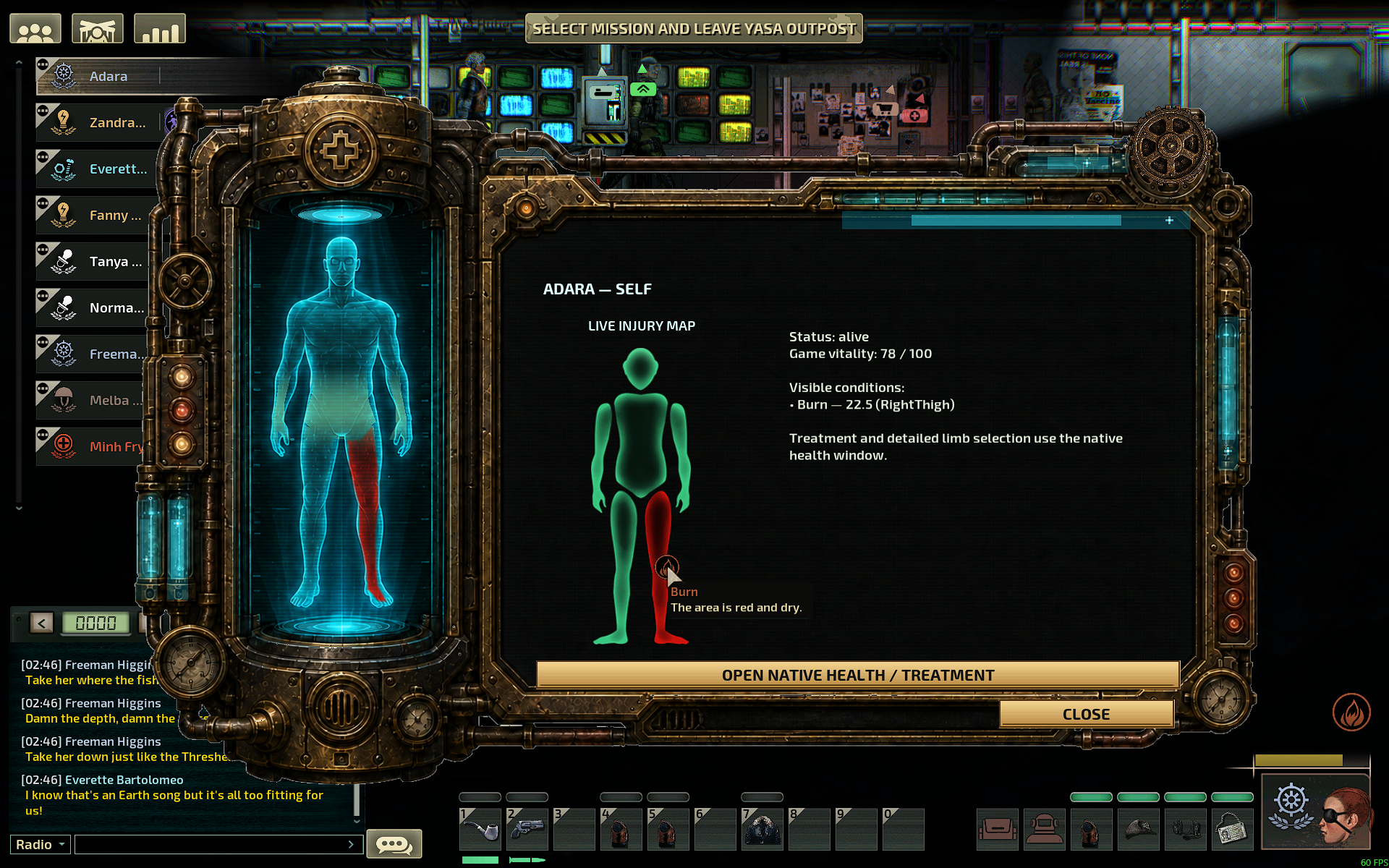 BTCMedical running in Barotrauma, with matching coloured injury regions on two body displays