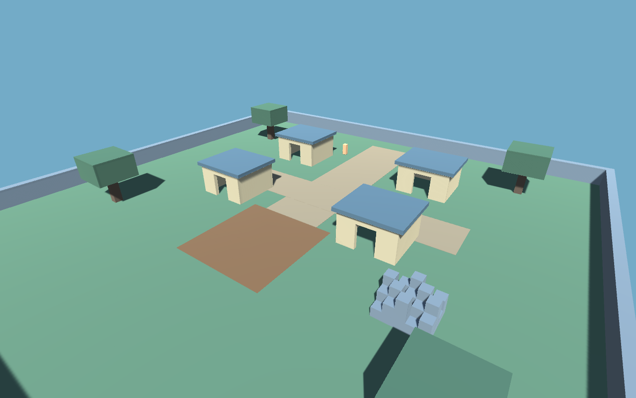 Rendered prototype town with four simple buildings, trees, a brown mining patch and a distant player avatar.